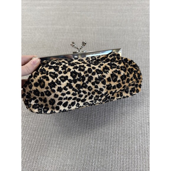 Vintage 90s Leopard Velvet Beaded Purse Chain Strap Evening Handbag Party Clutch - Picture 5 of 9